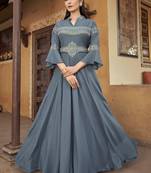 Designer Grey Colour Embroidered Partywear Gown For Girlish Looks