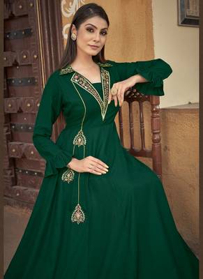 Designer Green Colour Embroidered Partywear Gown For Girlish Looks 2