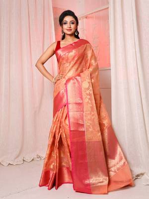 Light peach organza handwoven saree with floral motifs 1