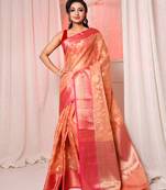 Light peach organza handwoven saree with floral motifs