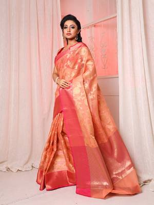 Light peach organza handwoven saree with floral motifs 4