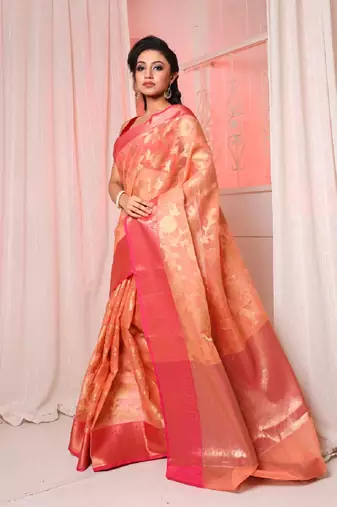 Light peach organza handwoven saree with floral motifs