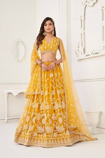 Ethnic And Designer Net Fabric Mustard Yellow Colour Partywear Lehenga