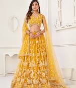 Ethnic And Net Fabric Mustard Yellow Colour Partywear Lehenga