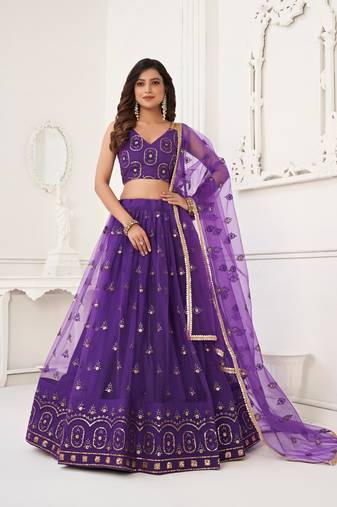 Ethnic And Designer Net Fabric Purple Colour Partywear Lehenga
