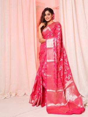Deep pink soft silk saree with allover zari and mina work 1