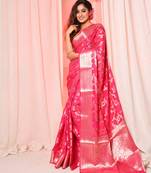 Deep pink soft silk saree with allover zari and mina work