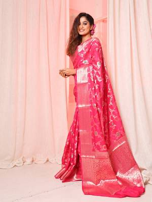 Deep pink soft silk saree with allover zari and mina work 3
