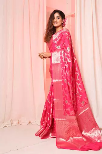 Deep pink soft silk saree with allover zari and mina work