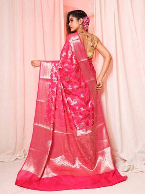 Deep pink soft silk saree with allover zari and mina work 4