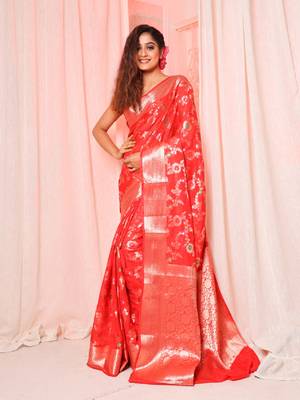 Red soft silk saree with allover zari and mina work 1
