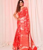 Red soft silk saree with allover zari and mina work