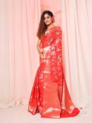 Red soft silk saree with allover zari and mina work 3