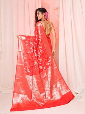 Red soft silk saree with allover zari and mina work 4