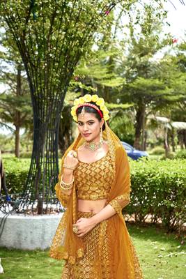 Ethnic Wedding Wear Net Fabric Mustard Colour Lehenga Set 3
