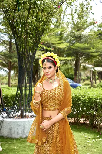Ethnic Wedding Wear Net Fabric Mustard Colour Lehenga Set