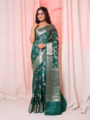 Bottle green soft silk saree with allover zari and mina work 1