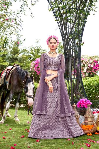Ethnic Wedding Wear Net Fabric Voilet Colour Lehenga Set