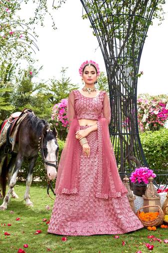 Ethnic Wedding Wear Net Fabric Pink Colour Lehenga Set