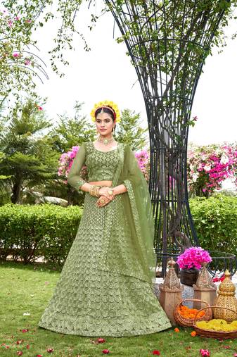 Ethnic Wedding Wear Net Fabric Green Colour Lehenga Set