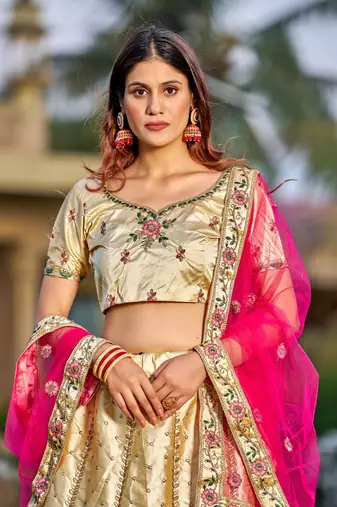 Heavy Embroidered Ethnic Cream Colour Lehenga Set For Bridesmaid Looks