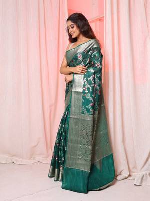 Bottle green soft silk saree with allover zari and mina work 3