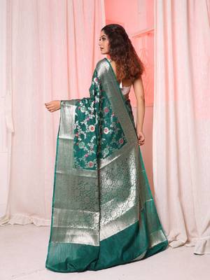 Bottle green soft silk saree with allover zari and mina work 4