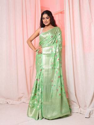 Light green soft silk saree with allover zari and mina work 1
