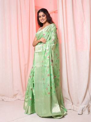 Light green soft silk saree with allover zari and mina work 3