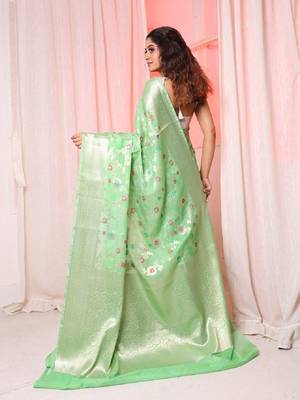 Light green soft silk saree with allover zari and mina work 4