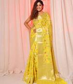 Yellow soft silk saree with allover zari and mina work
