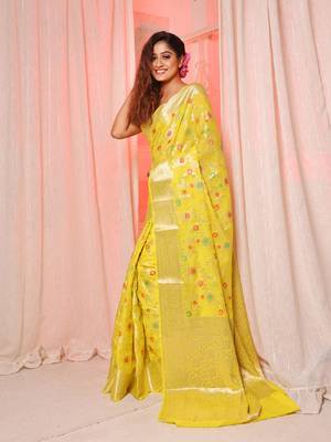 Yellow soft silk saree with allover zari and mina work 3