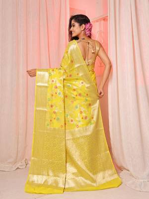 Yellow soft silk saree with allover zari and mina work 4
