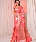 Peach pink soft silk saree with allover zari and mina work
