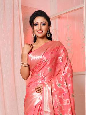 Peach pink soft silk saree with allover zari and mina work 2