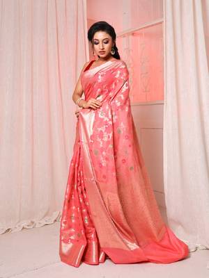 Peach pink soft silk saree with allover zari and mina work 3