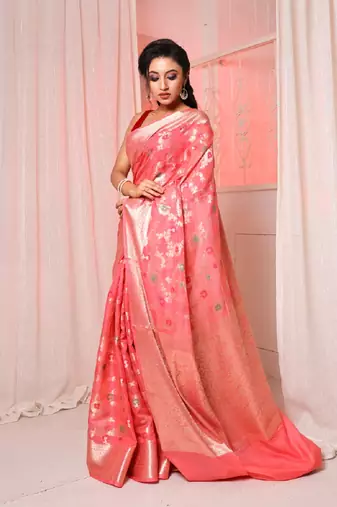 Peach pink soft silk saree with allover zari and mina work
