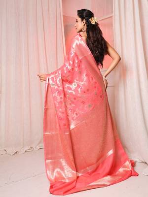 Peach pink soft silk saree with allover zari and mina work 4