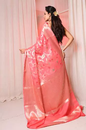 Peach pink soft silk saree with allover zari and mina work