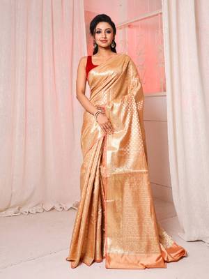 Beige brocade silk saree with all over zari work 1