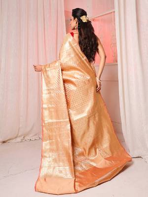 Beige brocade silk saree with all over zari work 4