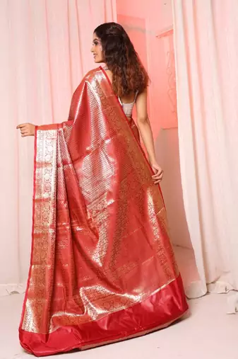 Maroon brocade silk saree with all over zari work