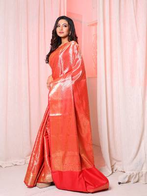 Red brocade silk saree with all over zari work 1