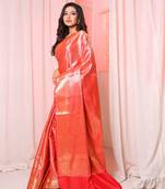 Red brocade silk saree with all over zari work