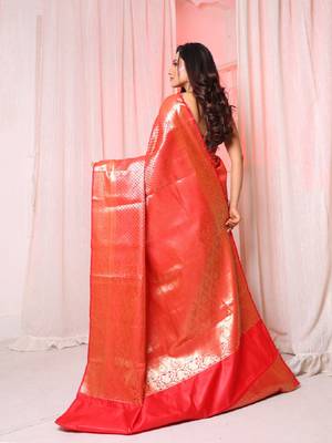Red brocade silk saree with all over zari work 3