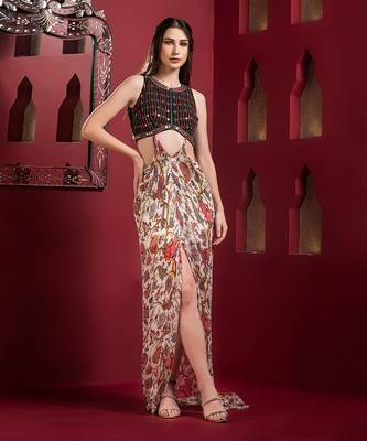 Offwhite printed evening gown 1