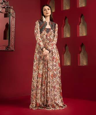 Offwhite printed long pleated dress with jacket 1