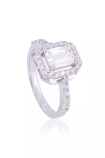 White emerald halo solitaire ring