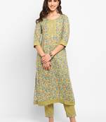 Green floral printed cotton stiched staright kurta with pant for women