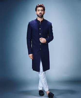 Navy blue katdana work achkan set 1